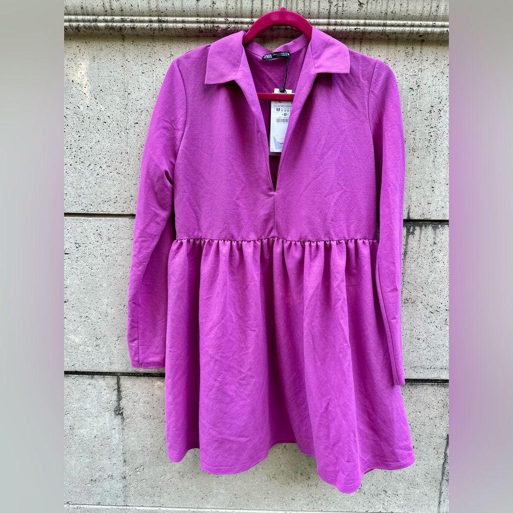 🆕🔖 Zara ✨Pink Popover Tunic Dress Long Sleeve Collared Barbiecore✨Size M✨NWT!